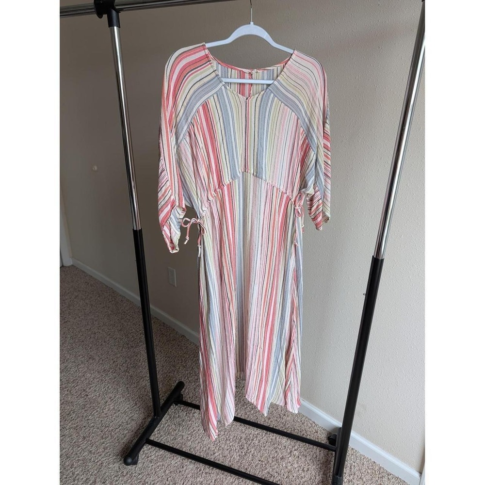 Krazy Kat Womens XXL Multi Color Striped Rayon V-Neck Empire Waist Midi Dress